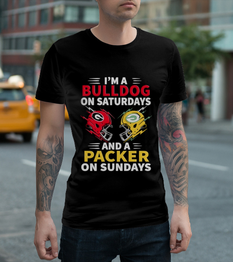 I'm A Bulldog On Saturdays And A Packer On Sundays Football Helmets T-Shirt