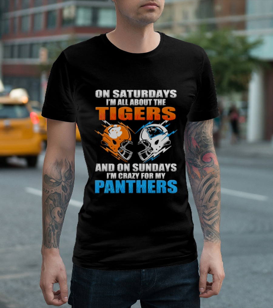 On Saturdays I'm All About The Tigers On Sundays I'm Crazy For My Panthers Football Helmet T-Shirt