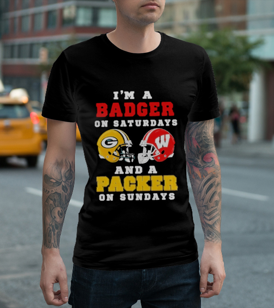 I'm A Badger On Saturdays Green Bay Packer On Sundays Football Helmet Rivalry T-Shirt