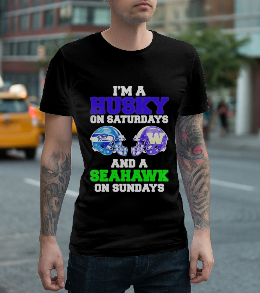 I'm A Husky On Saturdays And A Seahawk On Sundays Football Helmet Helmets T-Shirt
