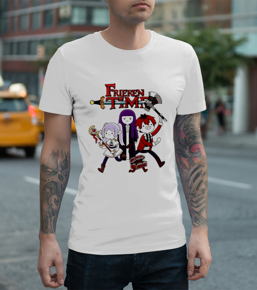Frieren Time Adventure Time Anime Crossover Characters With Weapons And Staff T-Shirt