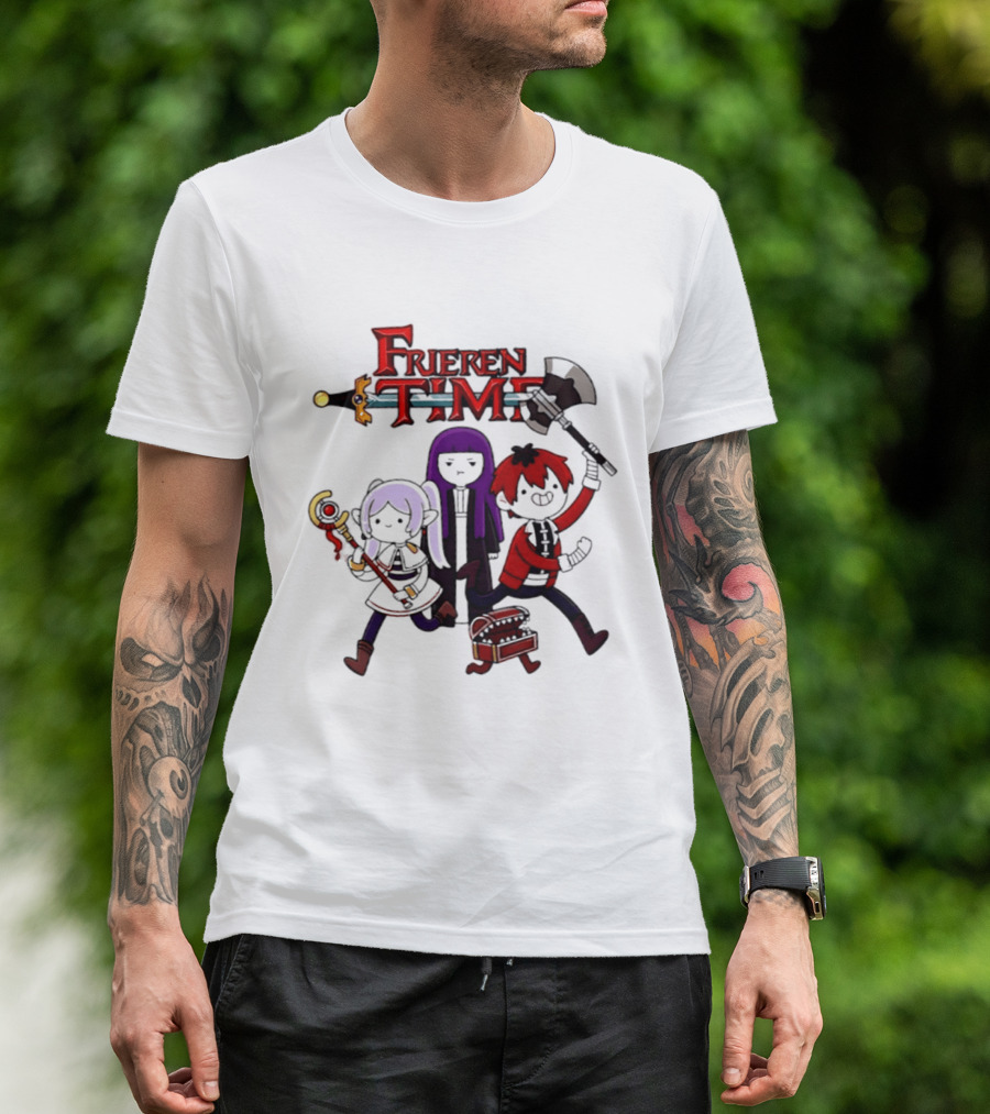 Frieren Time Adventure Time Anime Crossover Characters With Weapons And Staff T-Shirt