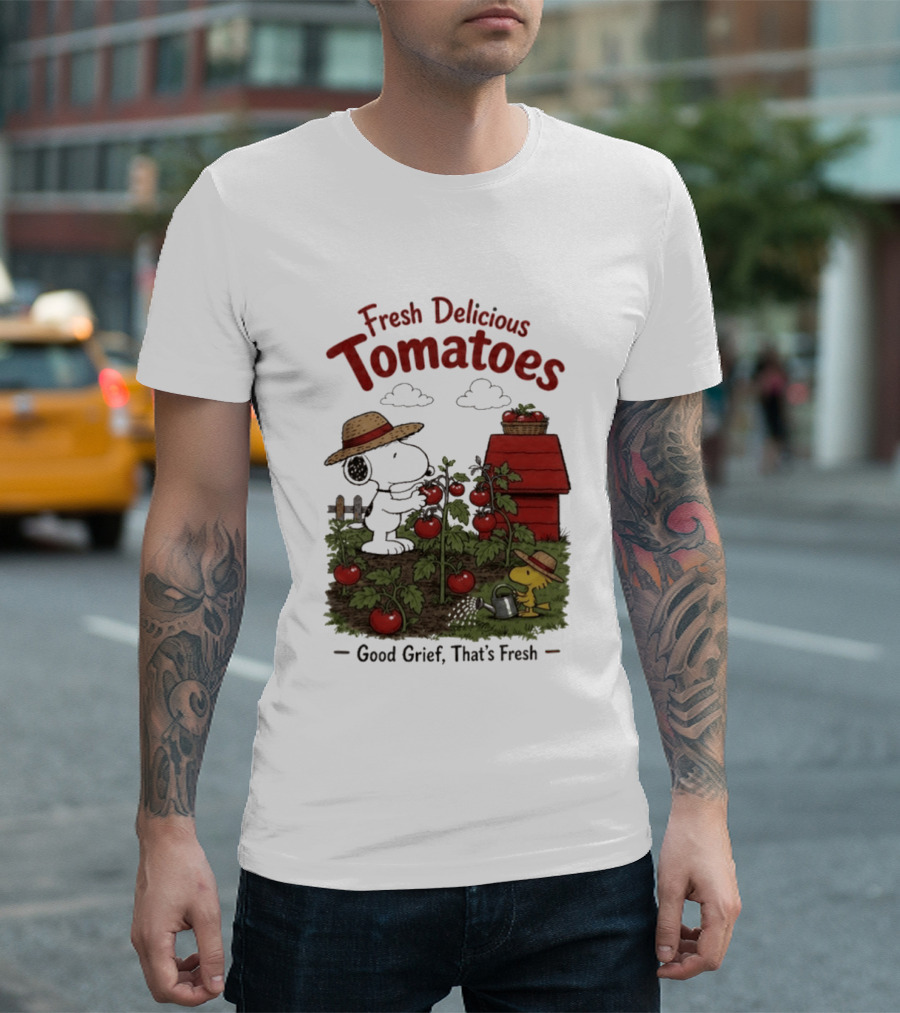 Snoopy Fresh Delicious Tomatoes Good Grief That's Fresh Garden Scene T-Shirt