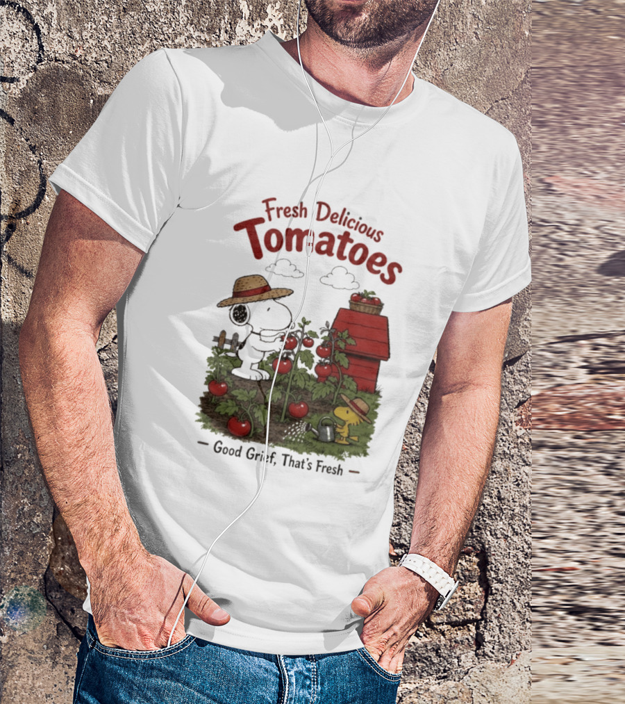 Snoopy Fresh Delicious Tomatoes Good Grief That's Fresh Garden Scene T-Shirt