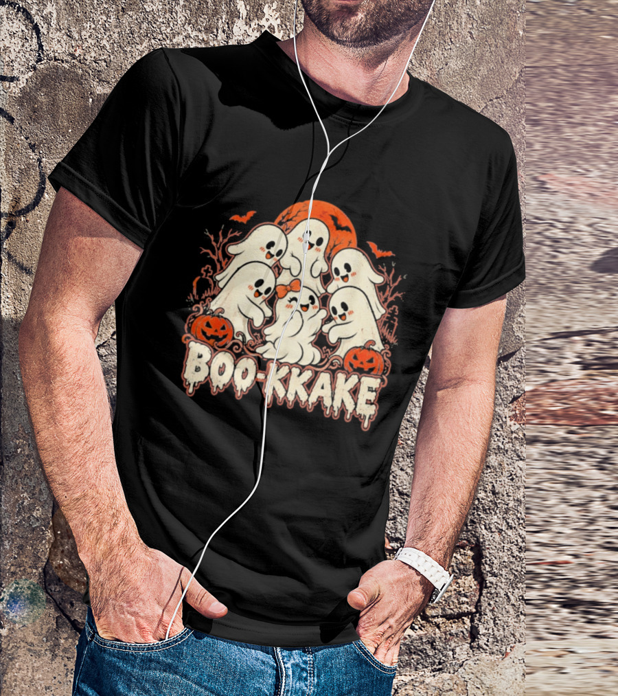 Boo Kkake Japanese Halloween Ghosts Pumpkins Bats Orange Moon T-Shirt