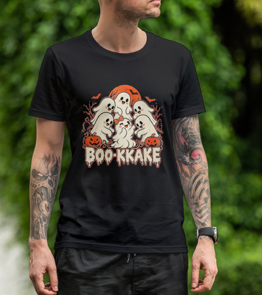 Boo Kkake Japanese Halloween Ghosts Pumpkins Bats Orange Moon T-Shirt