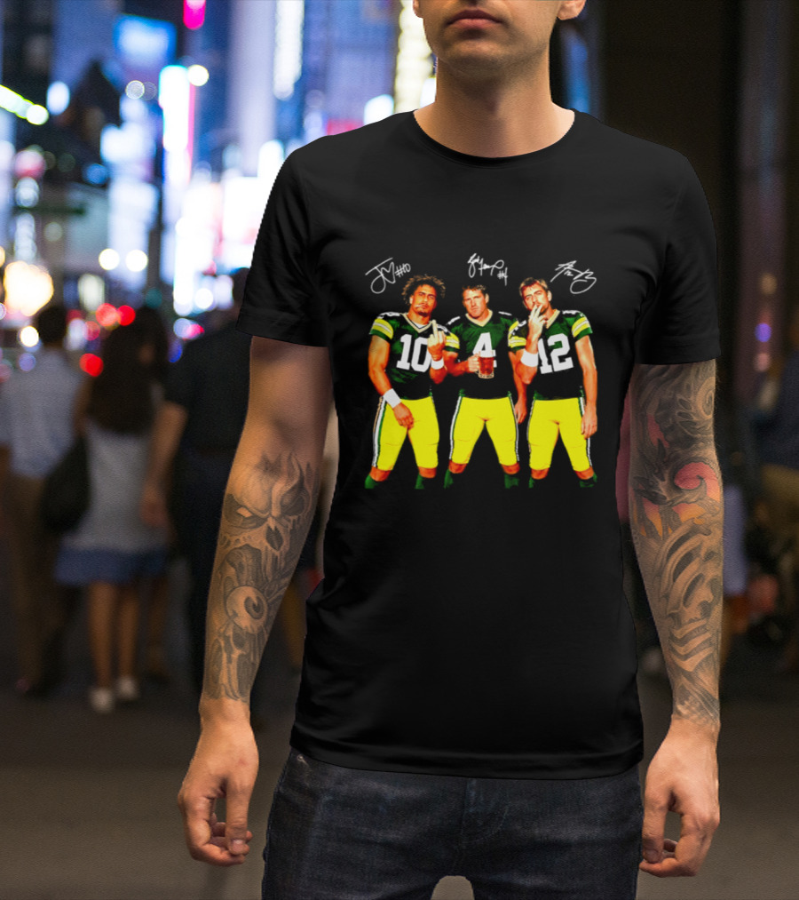 Brett Favre Aaron Rodgers Jordan Love Green Bay Packers Middle Finger Beer Smoking Signatures T-Shirt