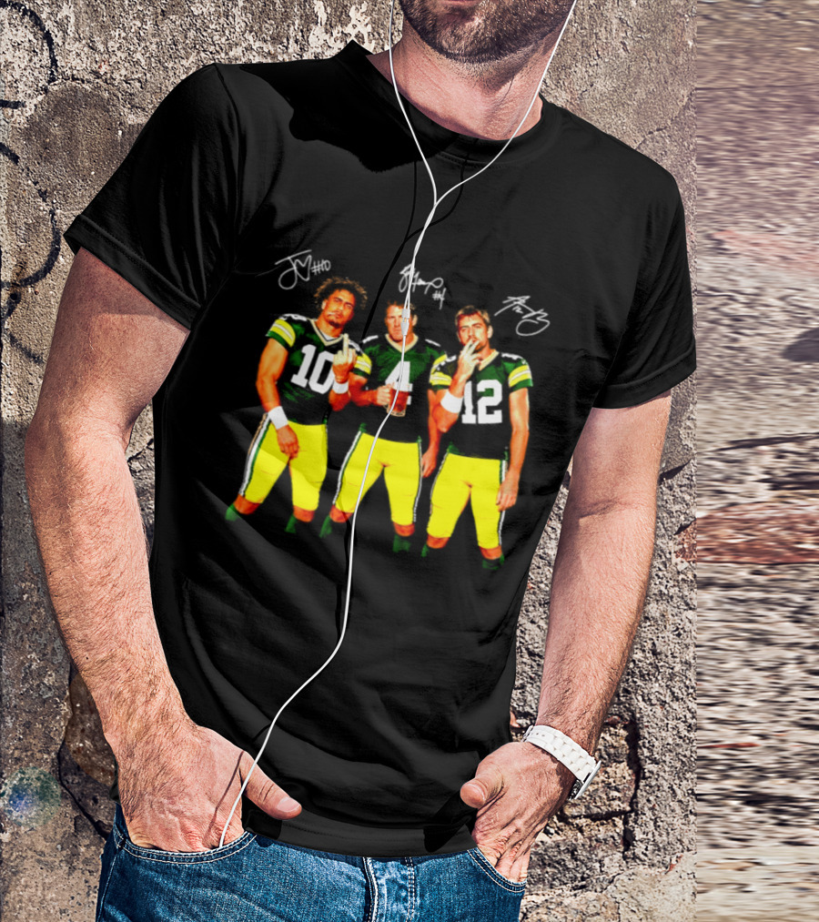 Brett Favre Aaron Rodgers Jordan Love Green Bay Packers Middle Finger Beer Smoking Signatures T-Shirt