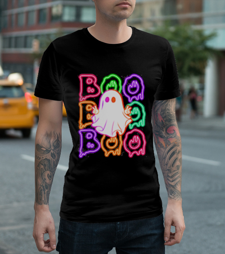 Ghost Boo Neon Halloween Spooky Bright T-Shirt
