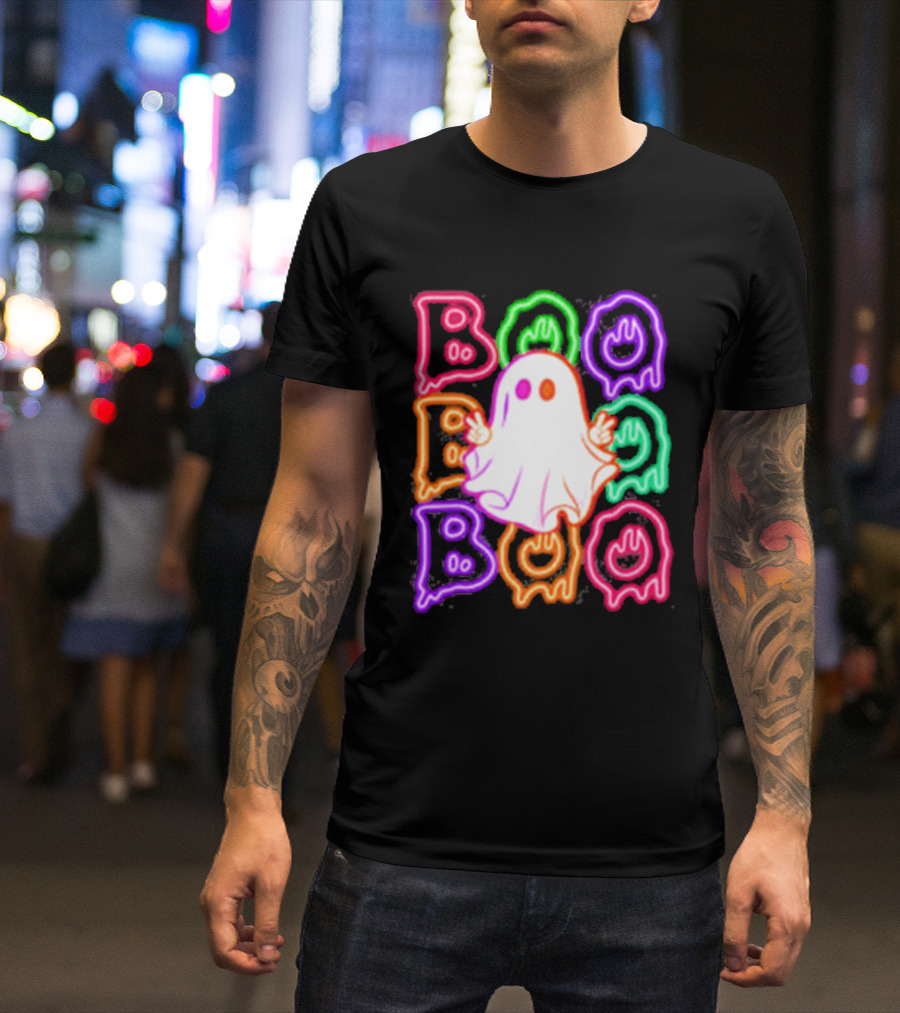 Ghost Boo Neon Halloween Spooky Bright T-Shirt