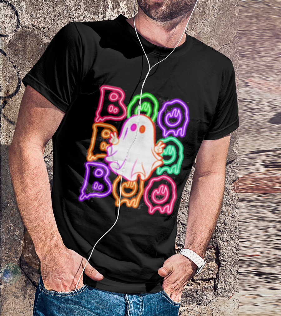 Ghost Boo Neon Halloween Spooky Bright T-Shirt