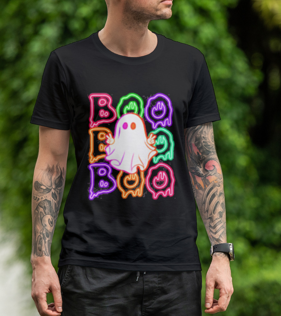 Ghost Boo Neon Halloween Spooky Bright T-Shirt