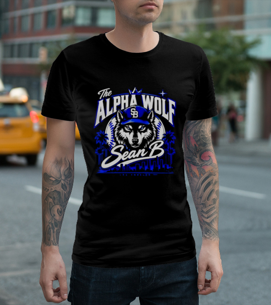 The Alpha Wolf Sean B LA Dodgers Skyline Wolf Baseball Cap Stars Palms T-Shirt