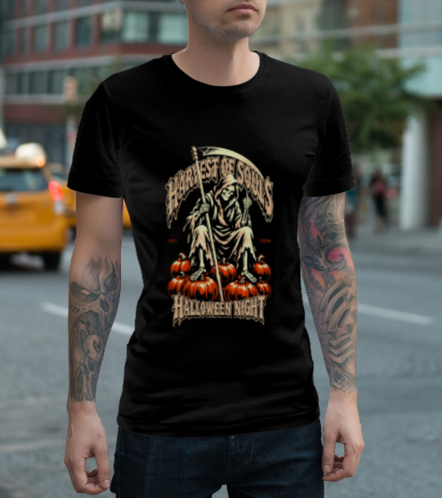 Grim Reaper Harvest Of Souls Halloween Night Middle Finger Pumpkins T-Shirt