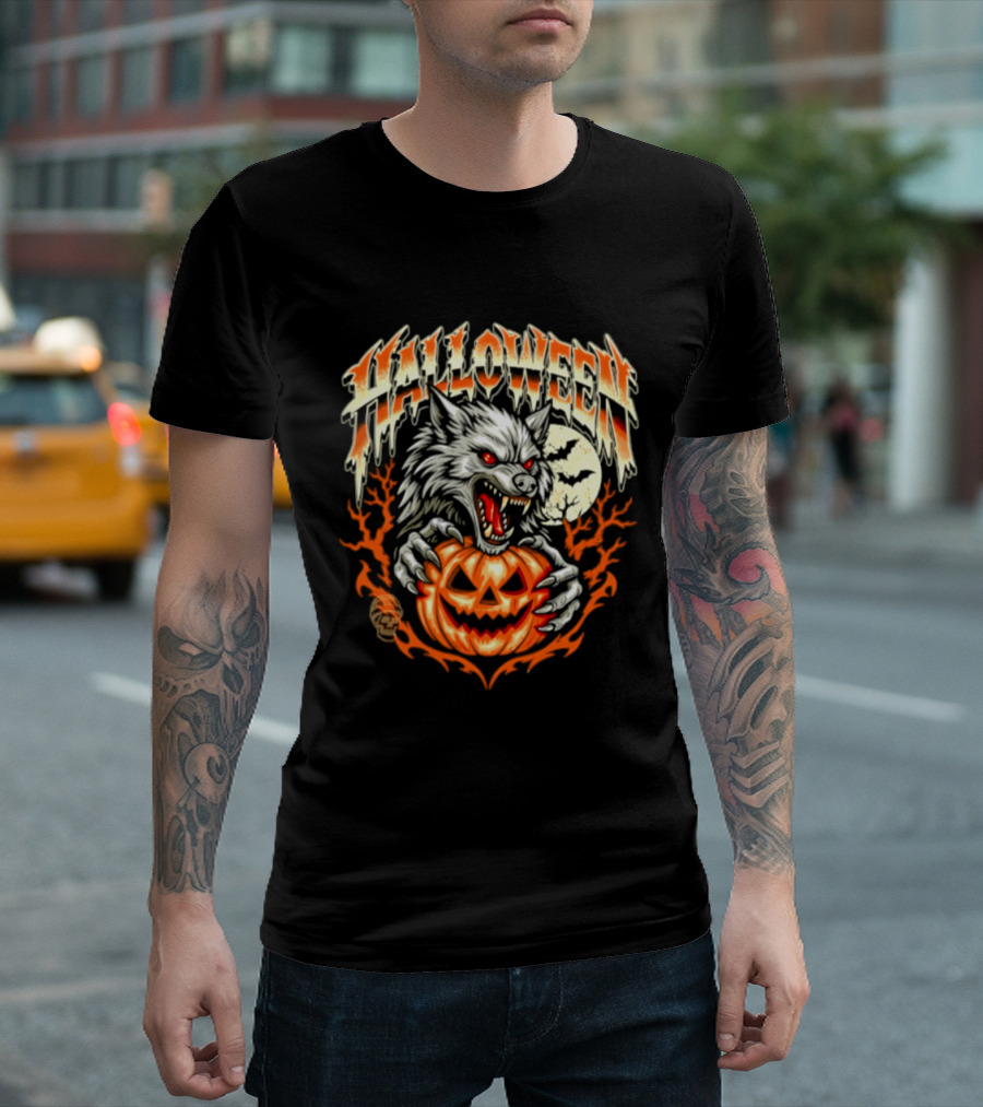Halloween Werewolf With Jack O' Lantern And Full Moon T-Shirt