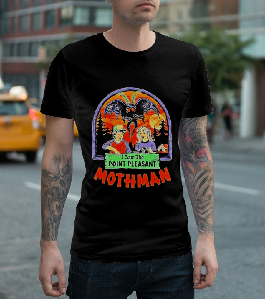 I Saw The Point Pleasant Mothman With Kids And Binoculars In Forest Scene T-Shirt