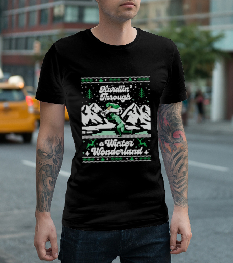 Saquon Barkley Hurdling Through A Winter Wonderland Philadelphia Christmas Ugly T-Shirt