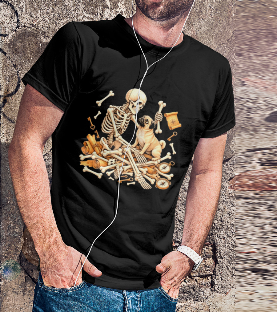 Skeleton And Pug With Bones And Scrolls Halloween Adventure T-Shirt