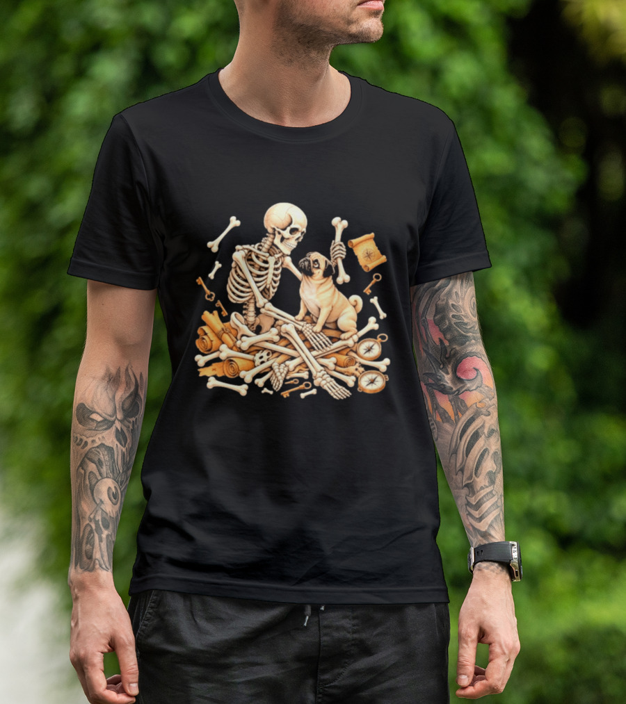 Skeleton And Pug With Bones And Scrolls Halloween Adventure T-Shirt