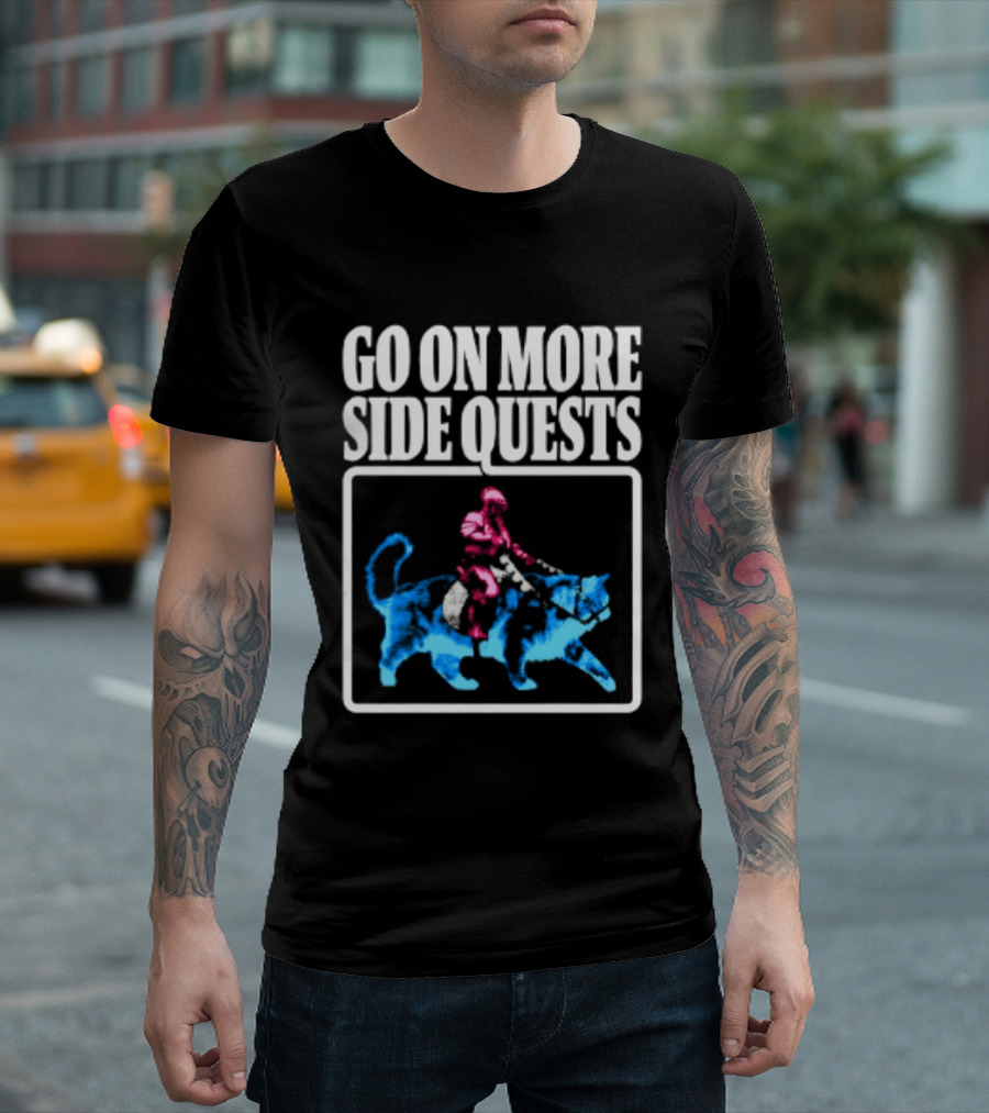 Go On More Side Quests Knight Riding Cat Pixel T-Shirt