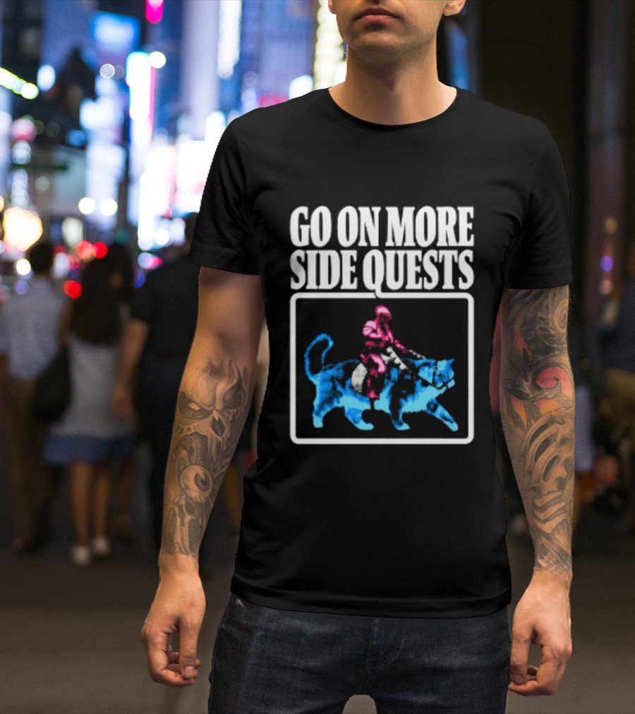 Go On More Side Quests Knight Riding Cat Pixel T-Shirt
