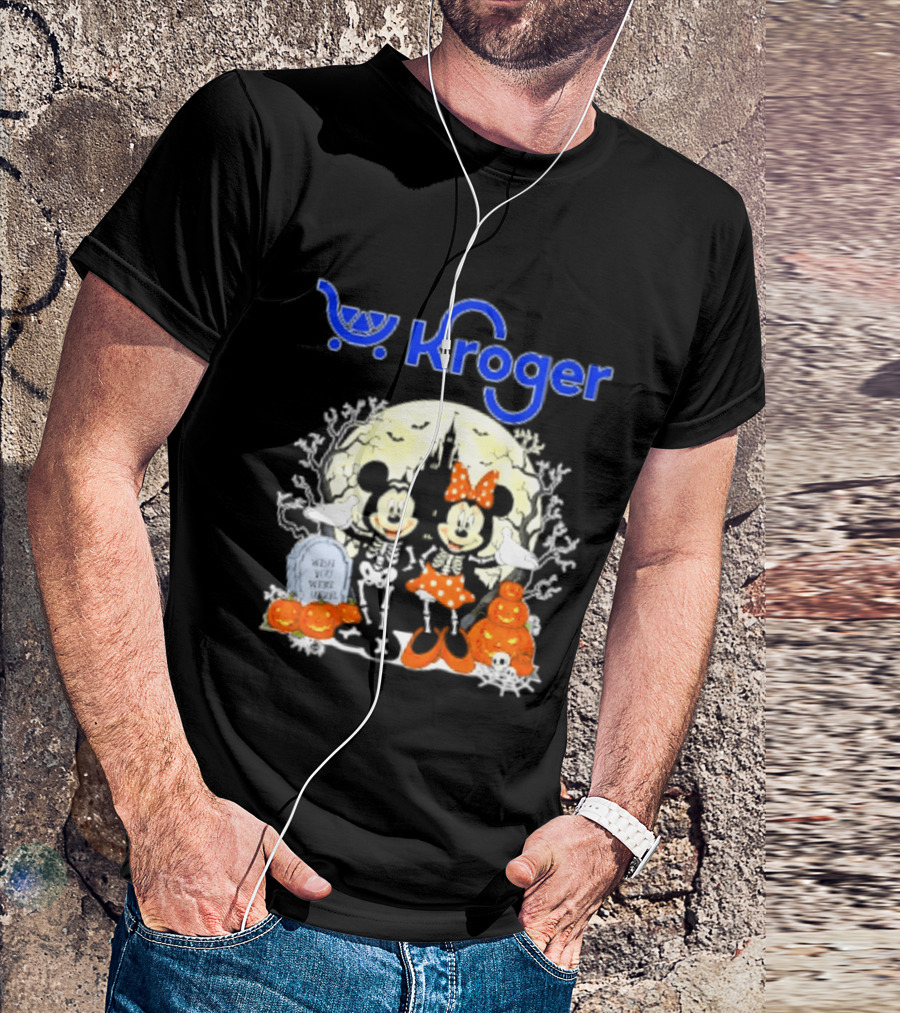 Kroger Mickey And Minnie Mouse Skeleton Halloween Pumpkins And Gravestone T-Shirt