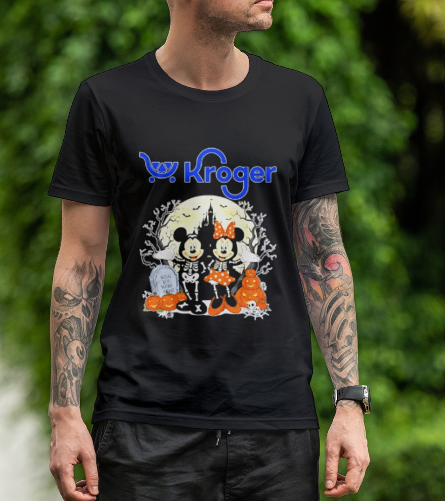 Kroger Mickey And Minnie Mouse Skeleton Halloween Pumpkins And Gravestone T-Shirt