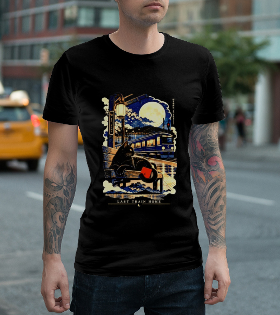 Last Train Home Black Cat Under Moonlit Sky Japanese Aesthetic T-Shirt