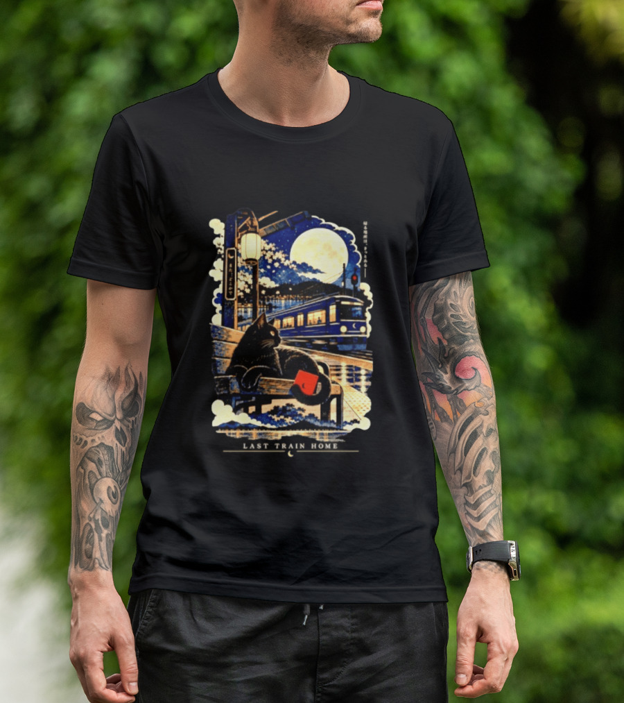 Last Train Home Black Cat Under Moonlit Sky Japanese Aesthetic T-Shirt