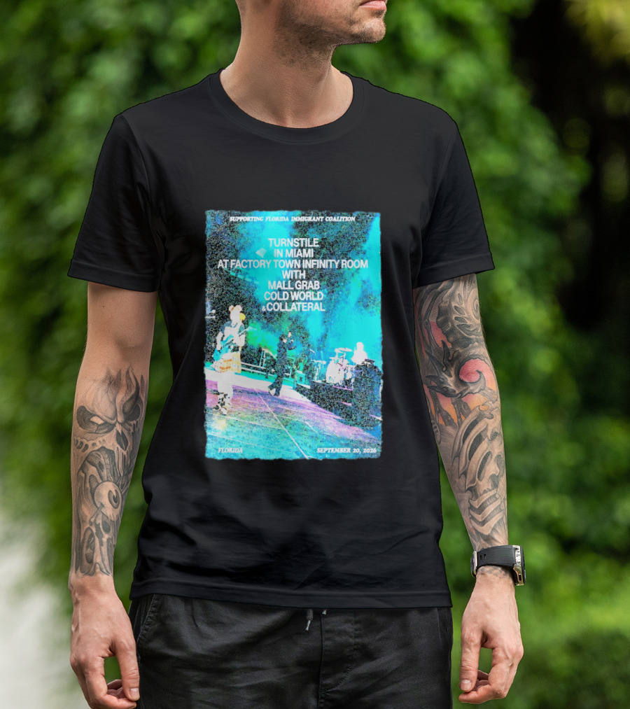 Supporting Florida Immigrant Coalition Turnstile In Miami Factory Town Infinity Room With Mall Grab Cold World Collateral September 20 2026 T-Shirt