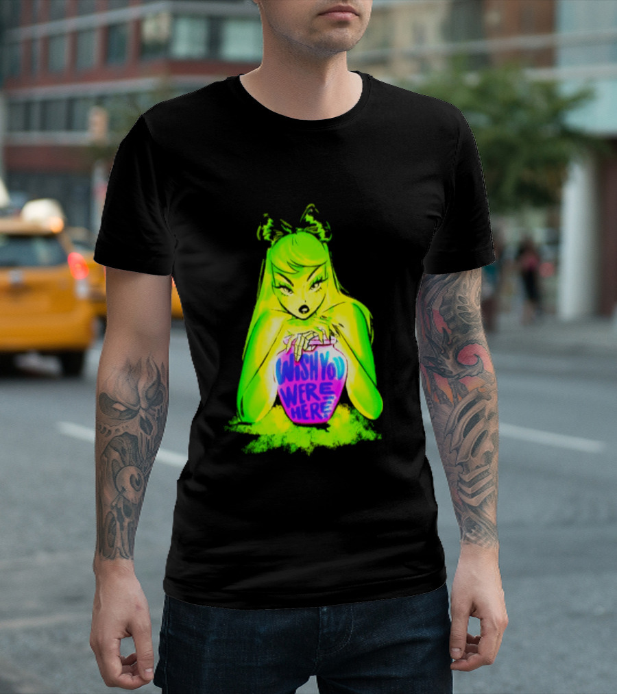 Wish You Were Here Skeleton Urn Goth Spooky Green Yellow Pink Ghostly Aesthetic T-Shirt