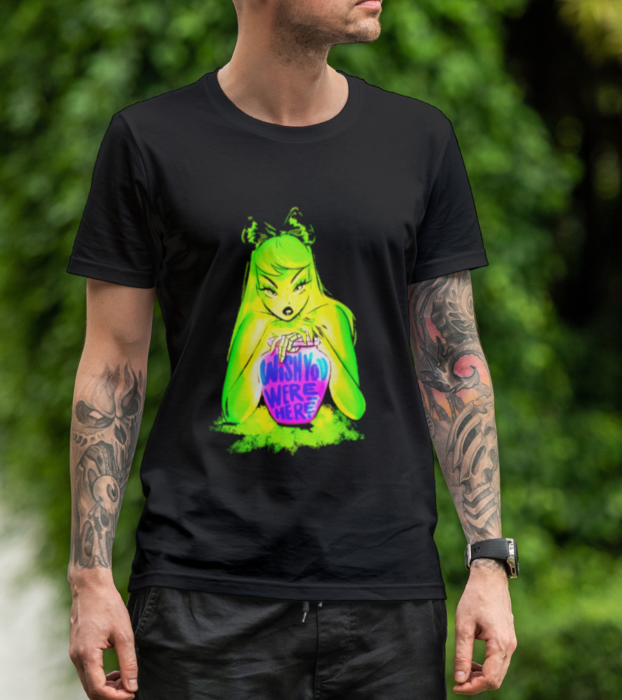 Wish You Were Here Skeleton Urn Goth Spooky Green Yellow Pink Ghostly Aesthetic T-Shirt