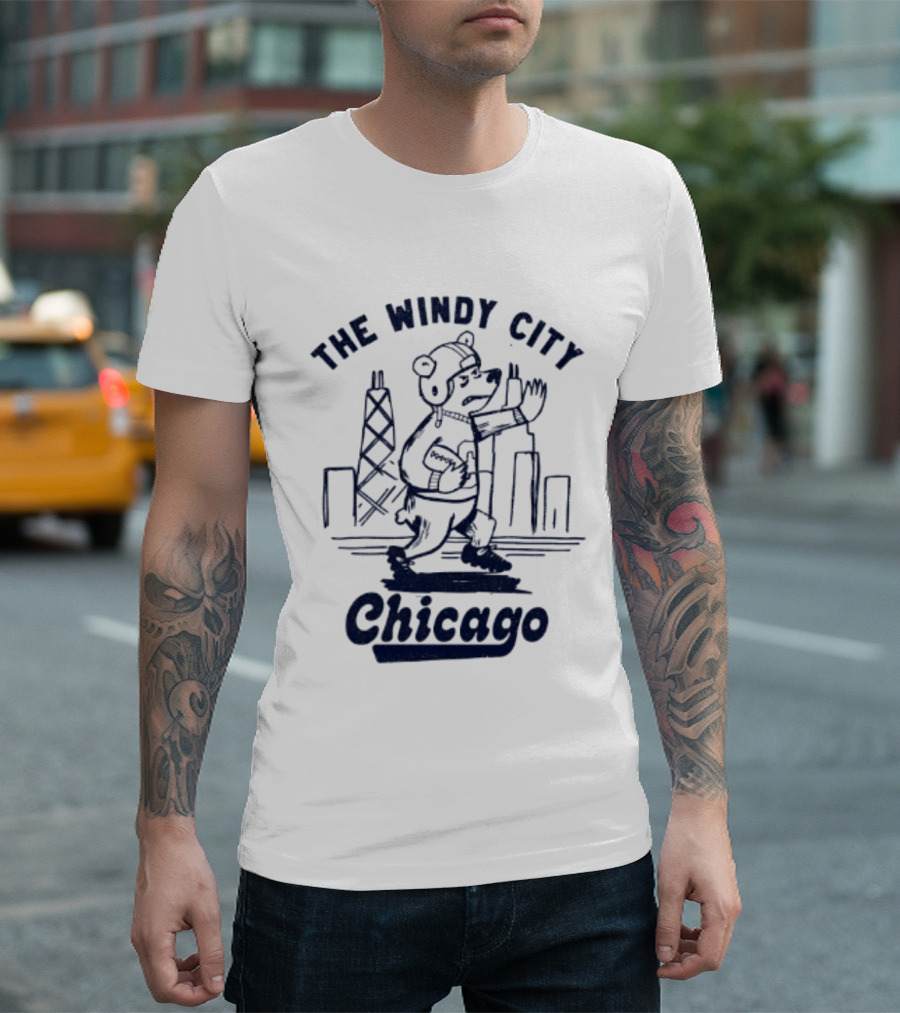 Chicago Bears The Windy City Football Character And Skyline T-Shirt