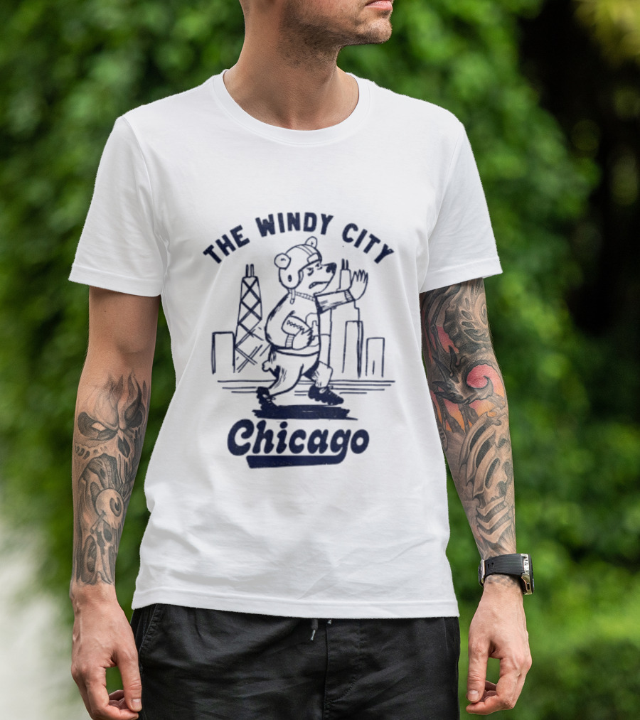 Chicago Bears The Windy City Football Character And Skyline T-Shirt