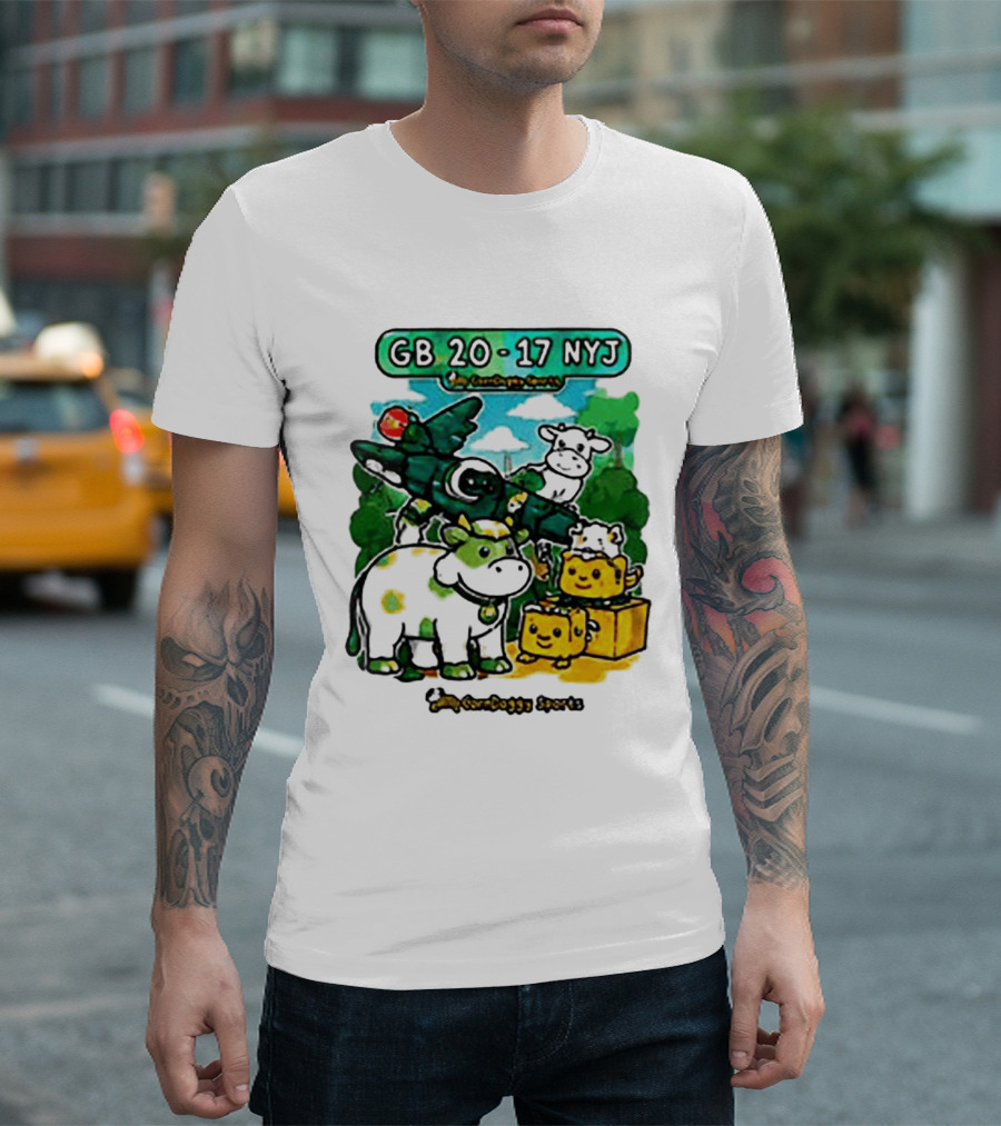 GB 20 17 NYJ Green Bay Football Green Cow Jet Cartoon Game Day T-Shirt
