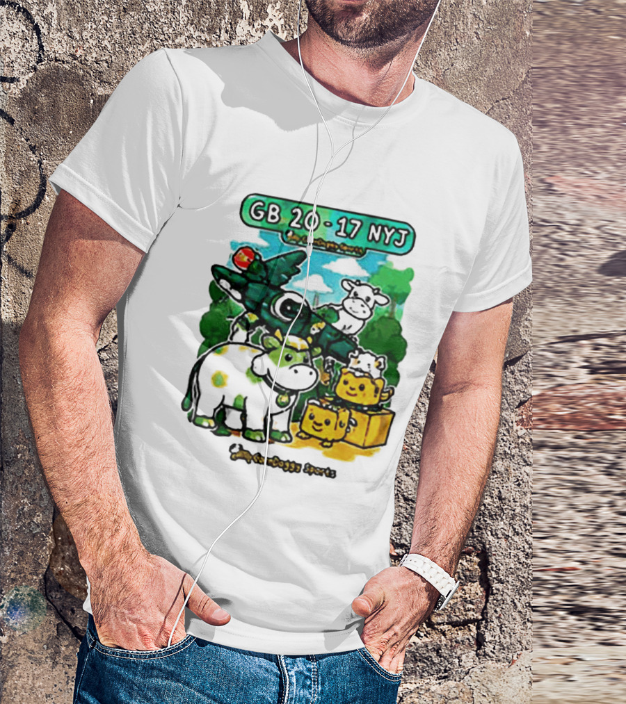 GB 20 17 NYJ Green Bay Football Green Cow Jet Cartoon Game Day T-Shirt