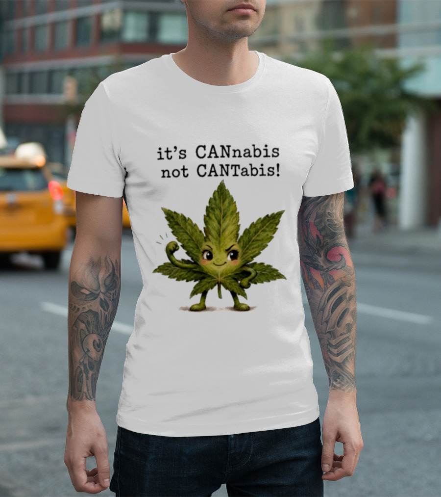 Cannabis Leaf Character It's CANnabis Not CANtabis Winking Cartoon T-Shirt