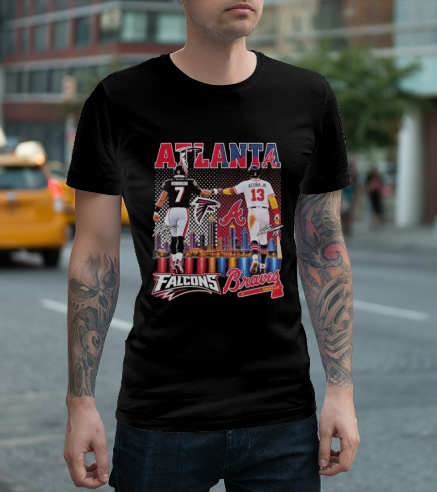 Atlanta Falcons Braves Bijan Robinson Ronald Acuna Jr. Sports City Line T-Shirt
