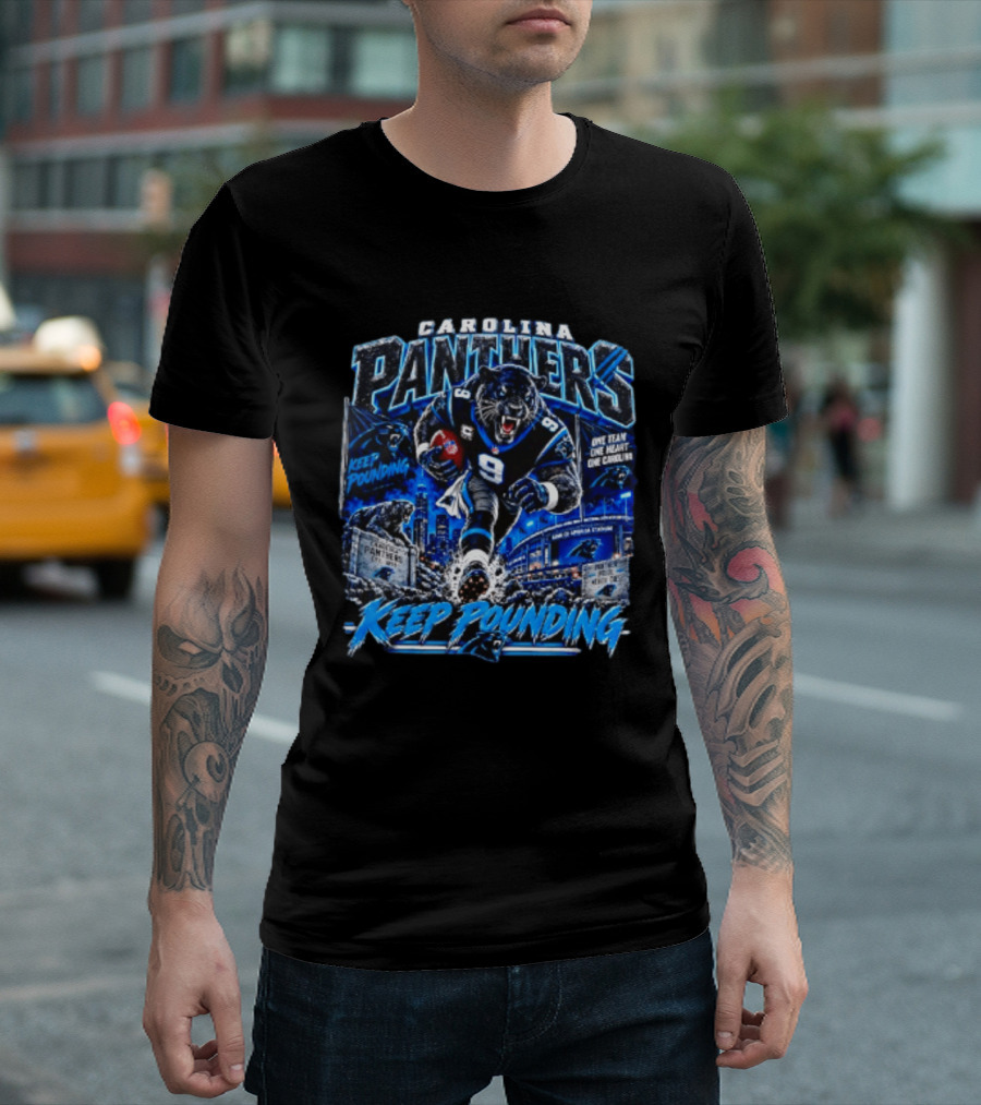 Carolina Panthers Keep Pounding One Team One Heart One Carolina Panthers 9 Football Player City Skyline T-Shirt