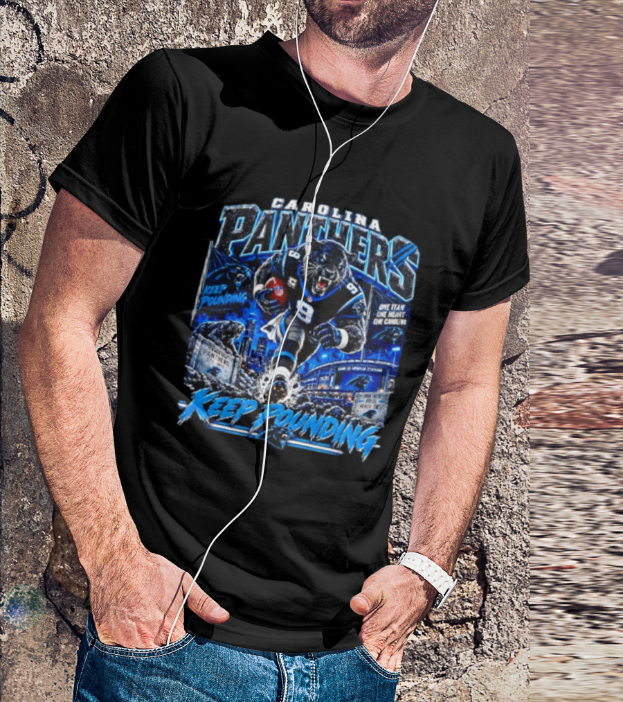 Carolina Panthers Keep Pounding One Team One Heart One Carolina Panthers 9 Football Player City Skyline T-Shirt