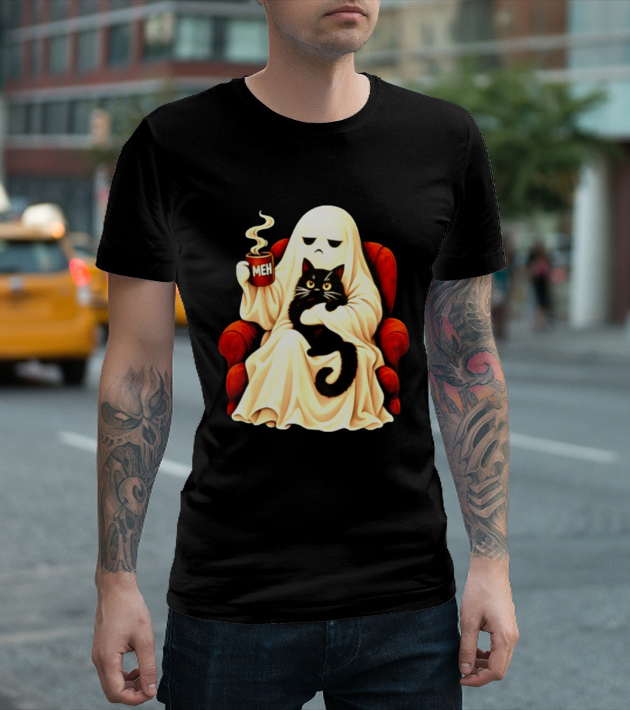 Ghost And Black Cat On Red Chair With Meh Coffee T-Shirt