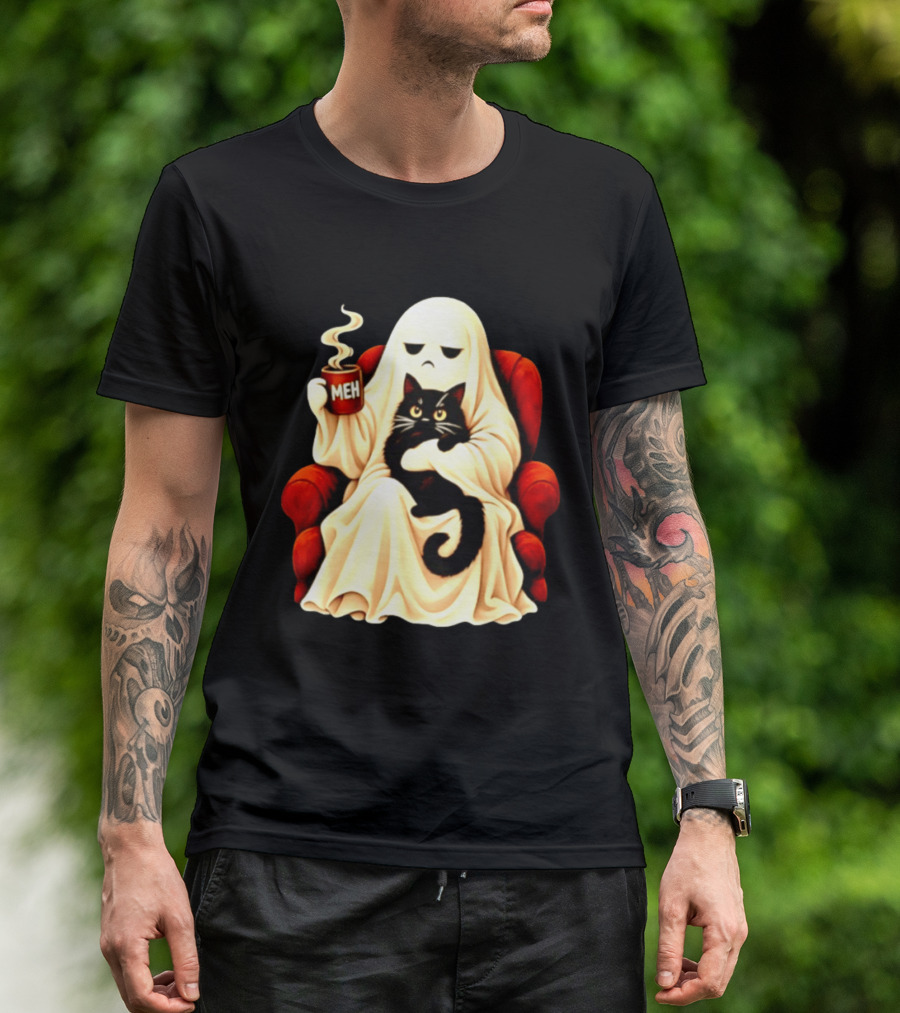 Ghost And Black Cat On Red Chair With Meh Coffee T-Shirt
