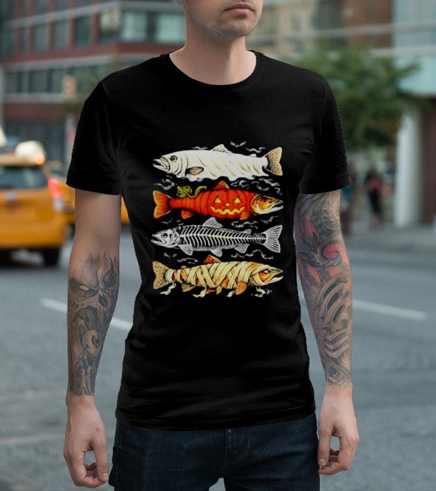 Halloween Pumpkin Mummy Fish Skeleton Trio T-Shirt