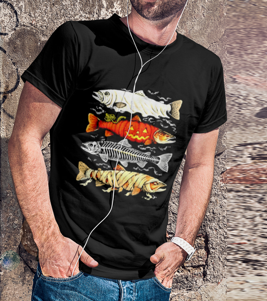 Halloween Pumpkin Mummy Fish Skeleton Trio T-Shirt