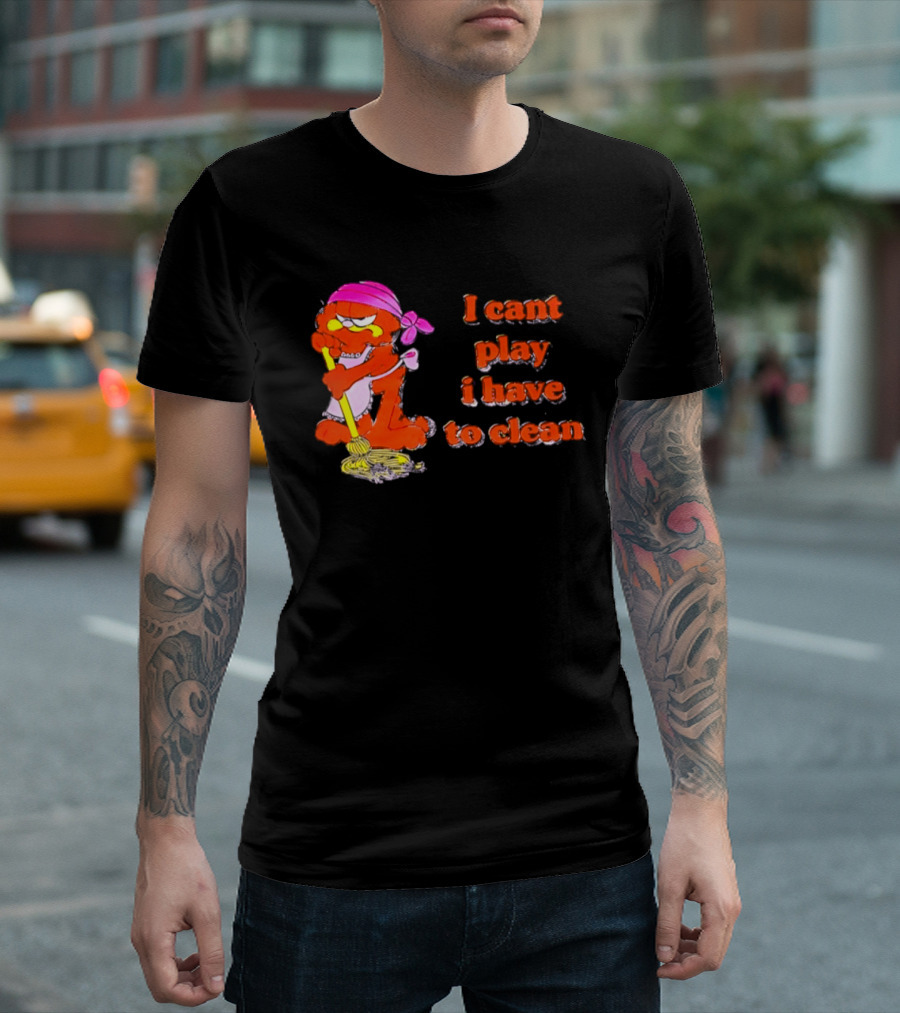 Garfield I Can't Play I Have To Clean Comic Image With Mop And Bandana T-Shirt
