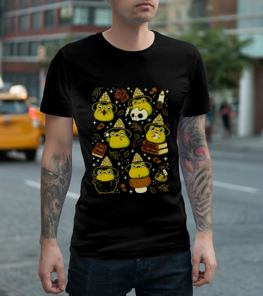 Witchy Froggy Spellbook Black Magic Poison Wizard Hat Mushrooms Potion Bottles T-Shirt