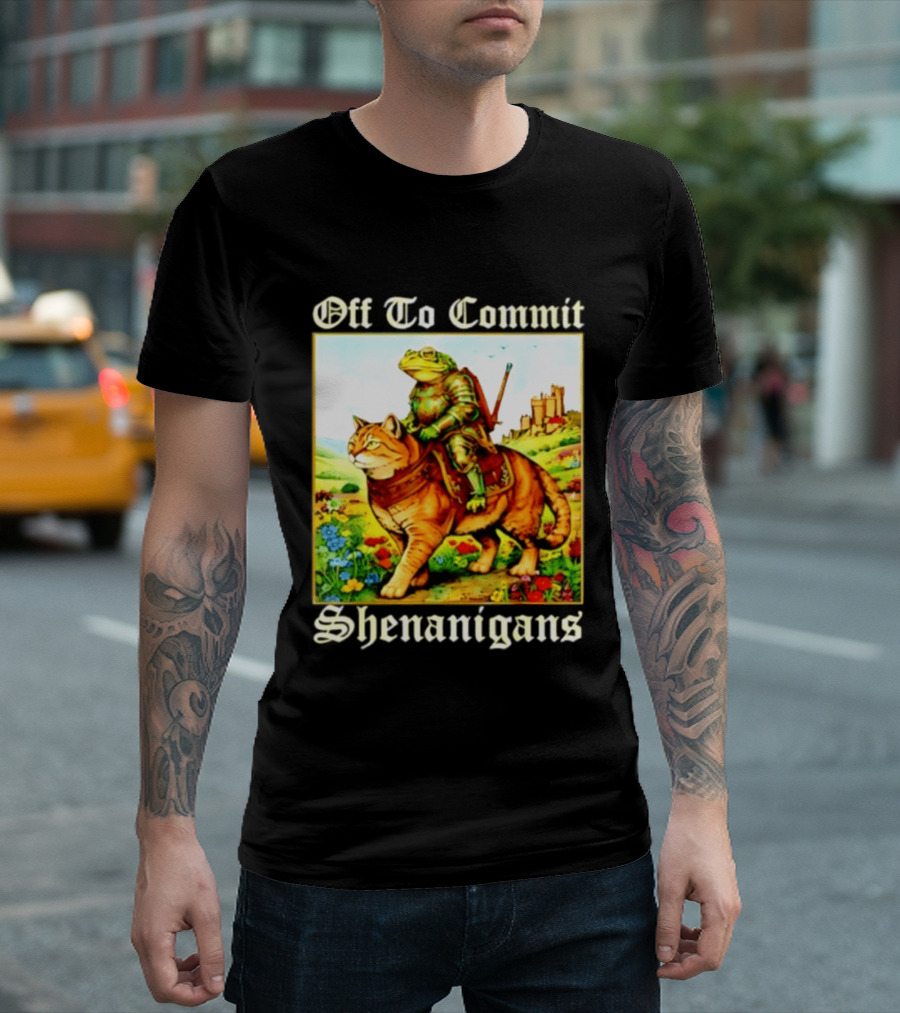 Off To Commit Shenanigans Frog Knight Riding Cat Medieval Adventure T-Shirt