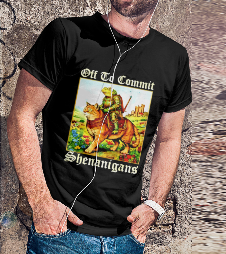 Off To Commit Shenanigans Frog Knight Riding Cat Medieval Adventure T-Shirt