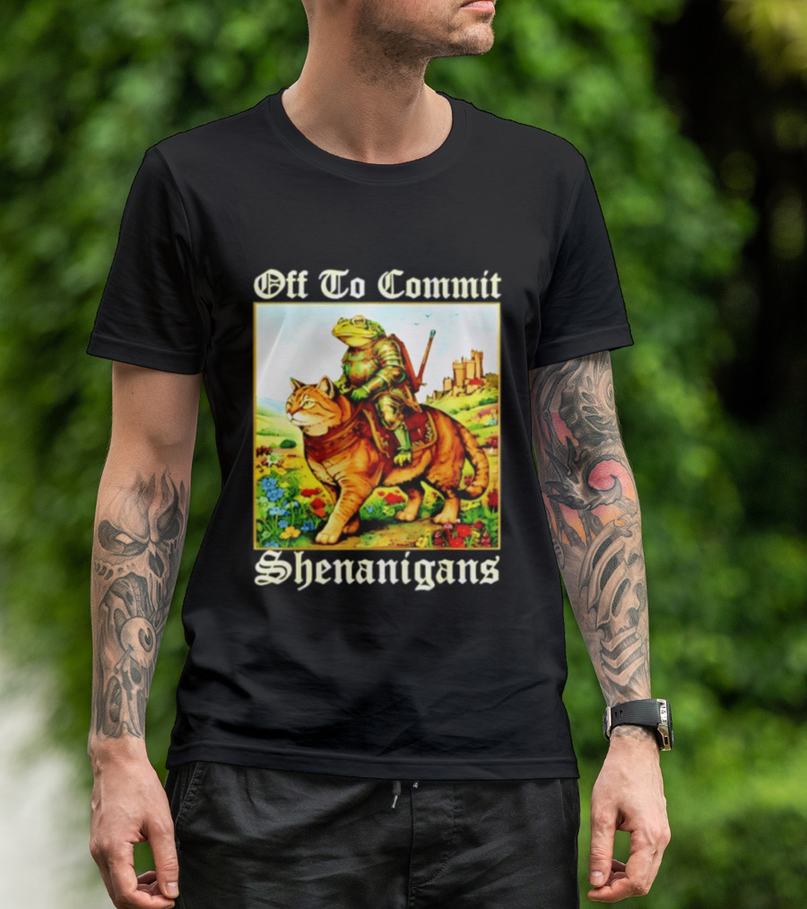 Off To Commit Shenanigans Frog Knight Riding Cat Medieval Adventure T-Shirt
