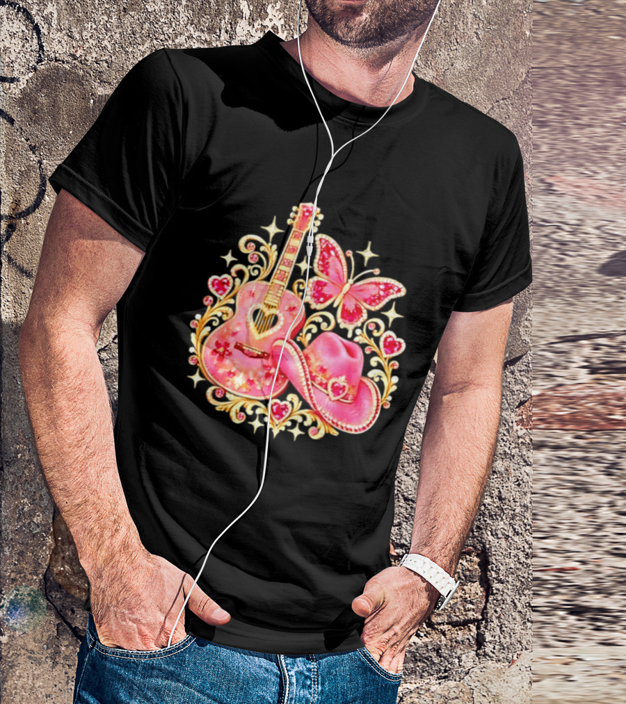 Pink Rhinestone Guitar Cowboy Hat Butterfly Hearts Sparkles T-Shirt